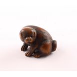 NETSUKE WELPE, Buchsbaum, Augen schwarzes Horn, H 2,8, JAPAN, 19.Jh.