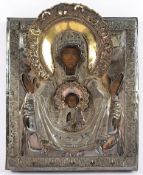 IKONE, "Gottesmutter des Zeichens", Znamenie, Tempera/Holz, 28 x 24, mit schön getriebenem, vergold