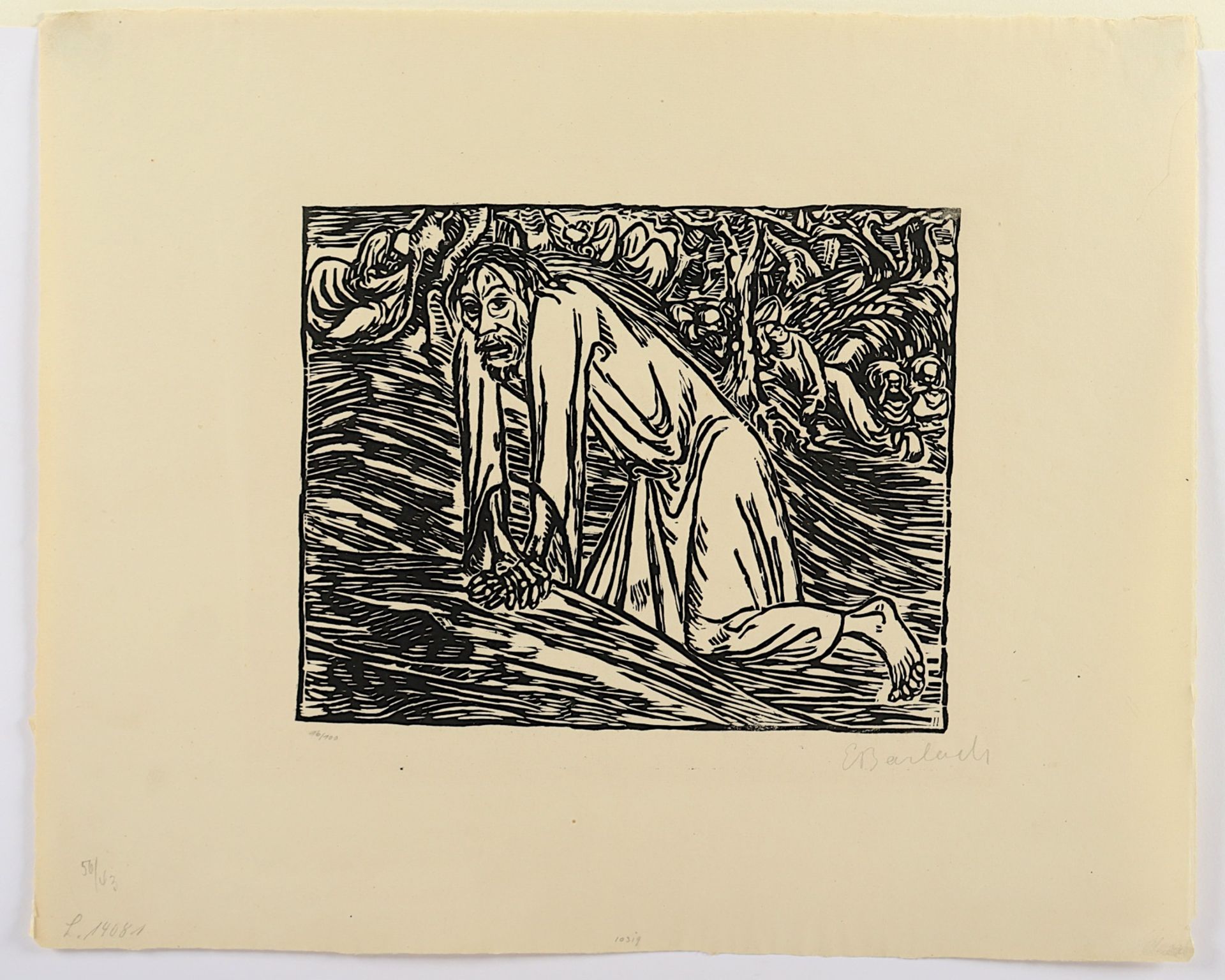 BARLACH, Ernst, "Christus in Gethsemane", Original-Holzschnitt, 20,5 x 25,5, nummeriert 16/100, han - Bild 2 aus 2