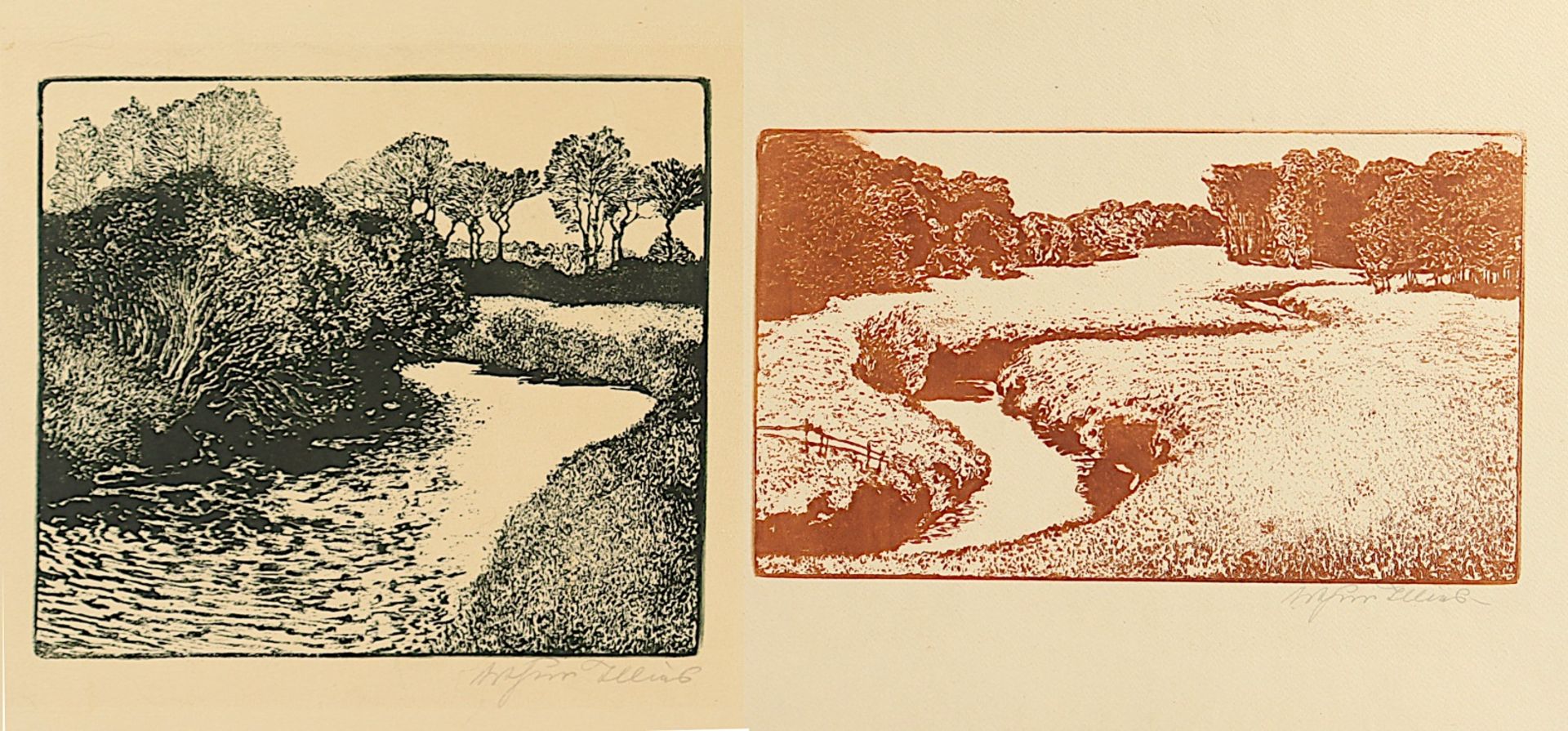 ILLIES, Arthur, 2 Arbeiten, "Alsterwiesen" und "Uferweiden", Zinkätzungen 24 x 28, jeweils handsign