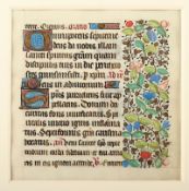 BLATT AUS EINEM STUNDENBUCH, "Livre d'heures", Text mit farbiger Floralmalerei am Rand auf Pergamen