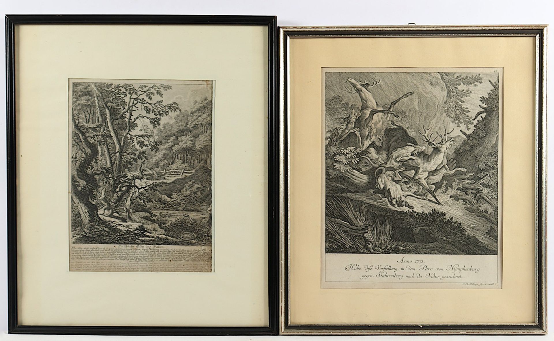 RIDINGER, Johann Elias, zwei Jagdmotive, Radierungen, ca. 29 x 26., 18.Jh., R. 