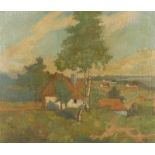 MALER UM 1920, "Landschaft mit Bauernhäusern", Öl/Nessel, 55 x 64, doubliert, besch. und rest. bed.