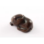 NETSUKE WELPE, Buchsbaum, der liegende Welpe schaut hinter sich, L 4, besch., JAPAN, E.19.Jh.