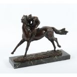 PARIS, René (1881-1970), "Jockey auf einem Rennpferd", Bronze, L 25, H 19, Marmorsockel, betitelt:
