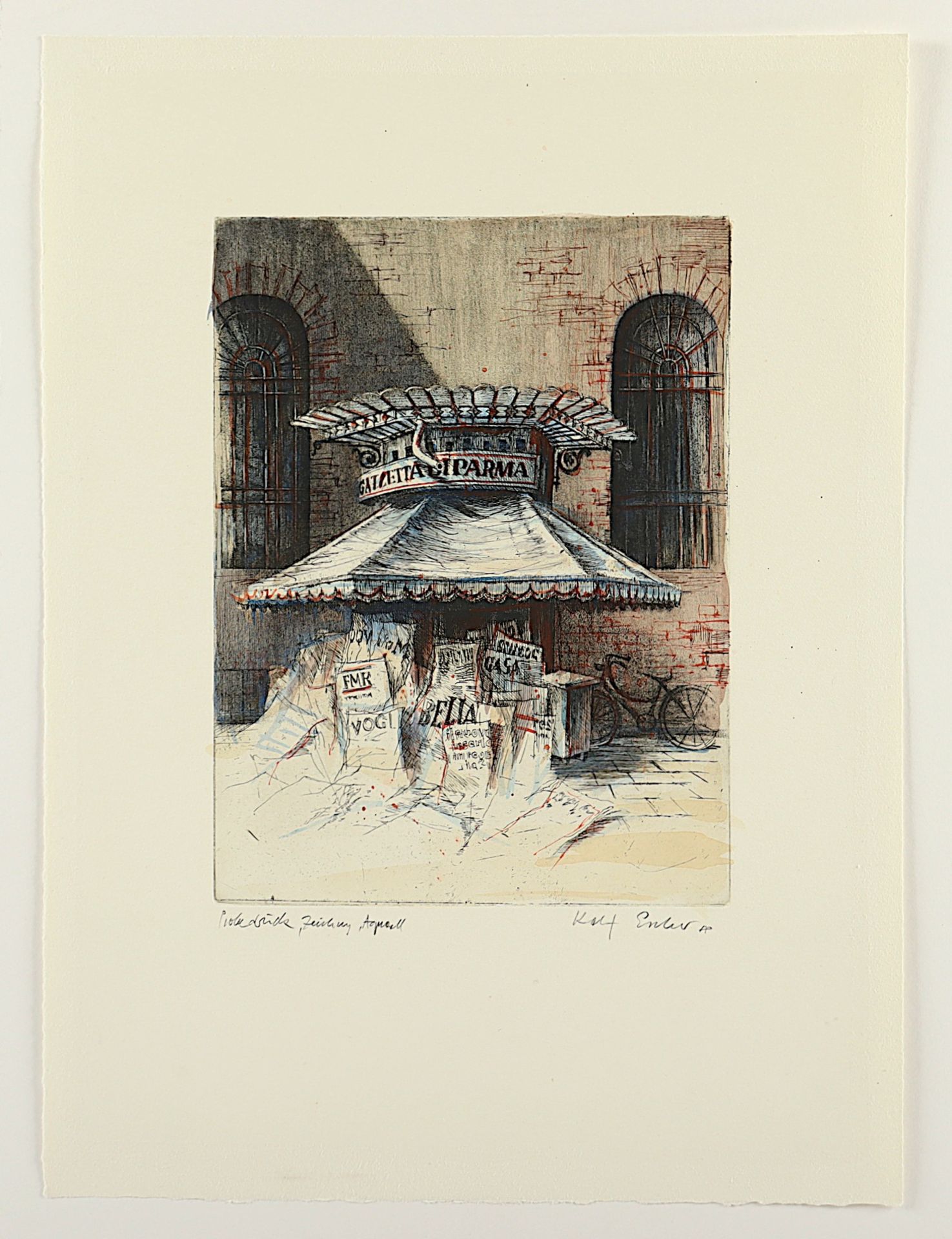 ESCHER, Rolf, "Venedig alter Kiosk", Original-Radierung, koloriert, 32 x 23, bez. Probedruck, Zeich - Bild 2 aus 2