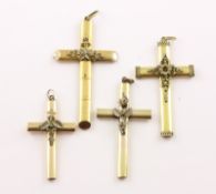 VIER KREUZE, lateinische Kreuzform, Metall, teilweise vergoldet und gefüllt, L 5 - 7,5, E.19.Jh. 