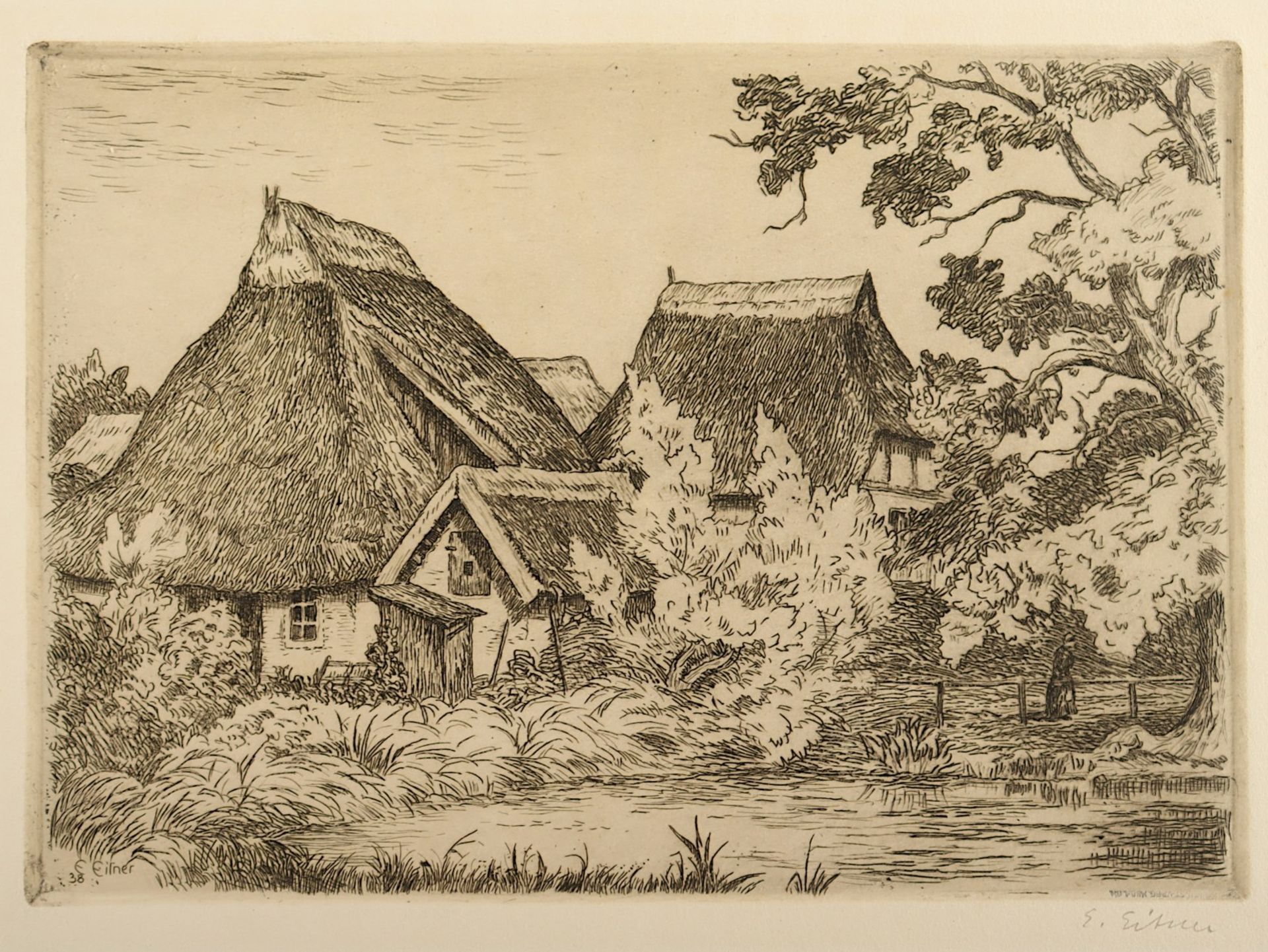 EITNER, Ernst, 3 Arbeiten: "Begegnung in Poppenbüttel" (1942), "Reifmorgen" und "Katen am Teich" (1 - Bild 5 aus 5