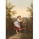 MELLAR, J. (Maler des 19.Jh.) "Junge Wasserträgerin vor einer Landschaft", Öl/Lwd., 39 x 27, doubli