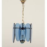 DESIGN-DECKENLAMPE, Metall, verchromt, blau getöntes Glas, H 52, 1960er/70er Jahre