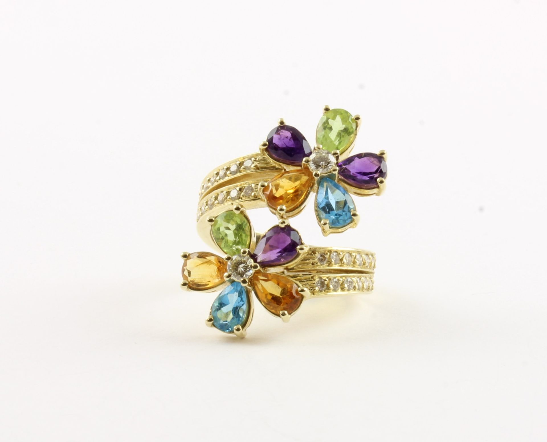 RING, 585/ooo Gelbgold, besetzt mit Brillanten, Amethyst, Citrin, Peridot und Topas, RG 56, 10,3g  