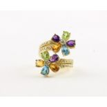 RING, 585/ooo Gelbgold, besetzt mit Brillanten, Amethyst, Citrin, Peridot und Topas, RG 56, 10,3g