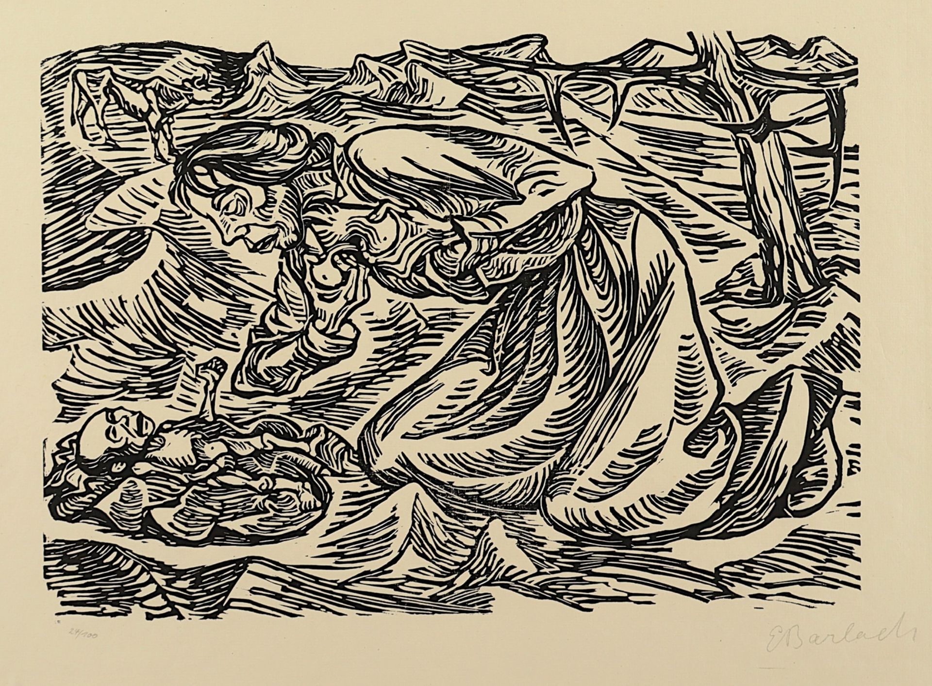 BARLACH, Ernst, "Kniende Frau mit sterbendem Kind", Original-Holzschnitt, 23, 5 x 32 (36,5 x 45), n