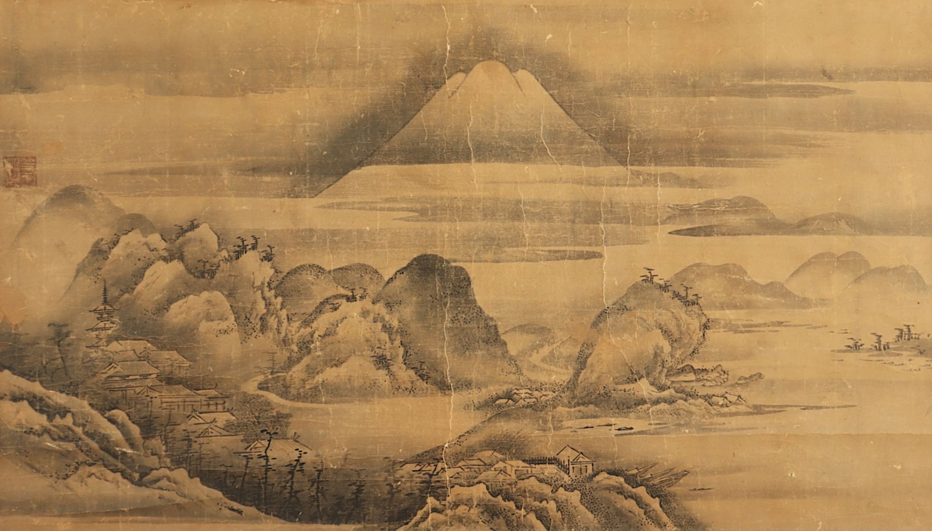 MALEREI, Tusche auf Papier, weite, unter Wolken liegende Landschaft mit Gebäuden und dem Berg Fuji, - Bild 2 aus 4