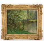 MALER E.19.JH., "Am Waldteich", Öl/Holz, 32 x 41, besch., R.