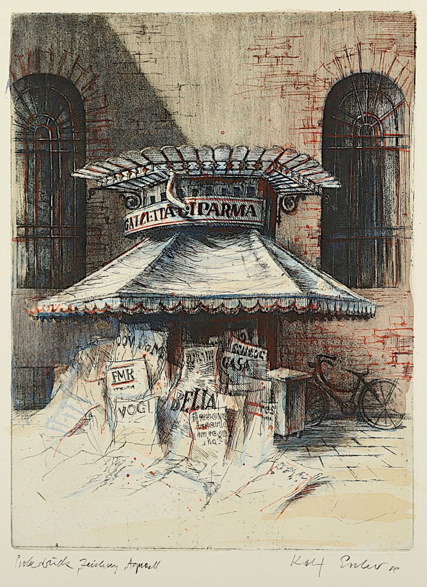 ESCHER, Rolf, "Venedig alter Kiosk", Original-Radierung, koloriert, 32 x 23, bez. Probedruck, Zeich