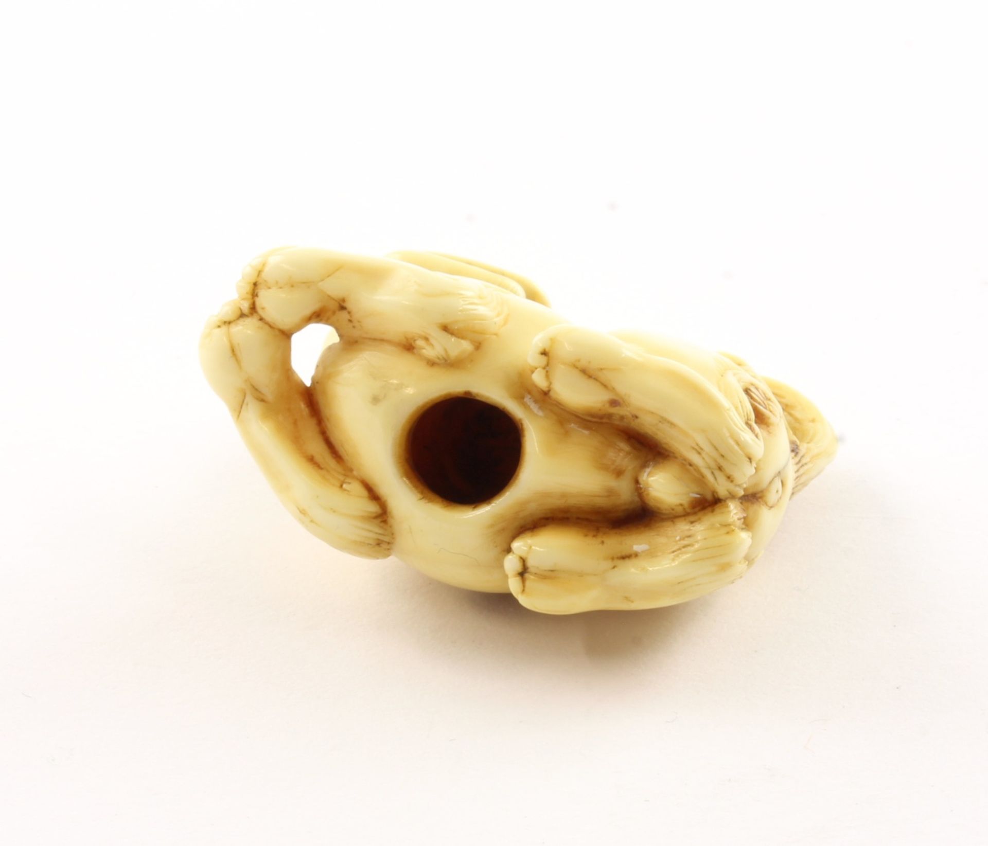 NETSUKE SHISHI, Elfenbein, der liegende Wächterlöwe hat einen beweglichen Ball im geöffneten Maul,  - Image 3 of 4