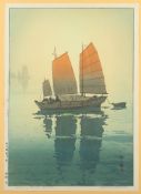 FARBHOLZSCHNITT, Hiroshi Yoshida, "Sailing boats-morning" aus der Serie "The Inland Sea", 51 x 36, 