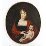 PORTRAITMALER UM 1800, "Bildnis einer Mutter mit Säugling", Öl/Lwd., 80 x 68, doubliert, besch., R.