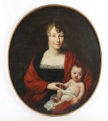 PORTRAITMALER UM 1800, "Bildnis einer Mutter mit Säugling", Öl/Lwd., 80 x 68, doubliert, besch., R.