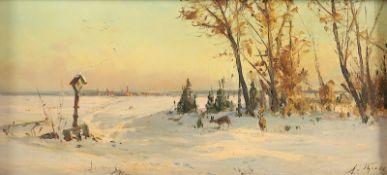 THIELE, Arthur (1841-1919), "Winterlandschaft mit Rehen und Wegkreuz", Öl/Holz, 20 x 38, unten rech