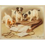 MAGUIRE, Helena J. (1860-1909), "Drei spielende Welpen mit der Tasche eines Postboten", Aquarell/Pa