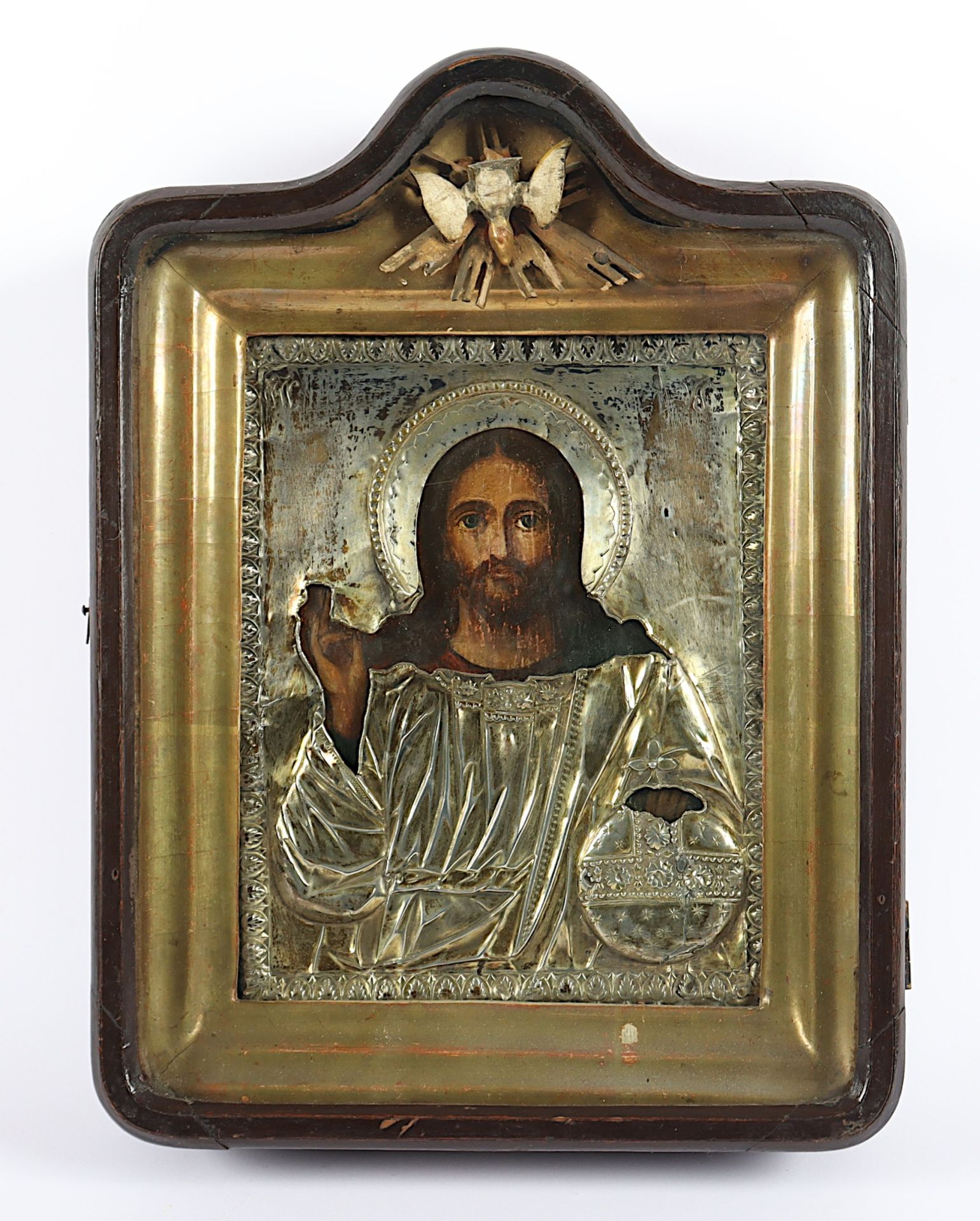 IKONE, "Christus Pantokrator", Tempera/Holz, 21,5 x 17,5, mit vergoldetem Silberoklad (Meistermarke