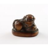 NETSUKE SHISHI MIT MOKUGYO, Buchsbaum, Augen schwarzes Horn, auf einem ovalen Sockel liegt der groß