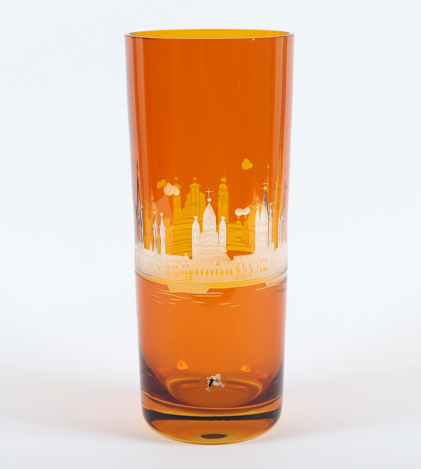 VASE "KÖLN", farbloses Glas, amberfarben überfangen, gravierter Dekor mit Kölner Stadtvedute, H , 2 - Bild 2 aus 3