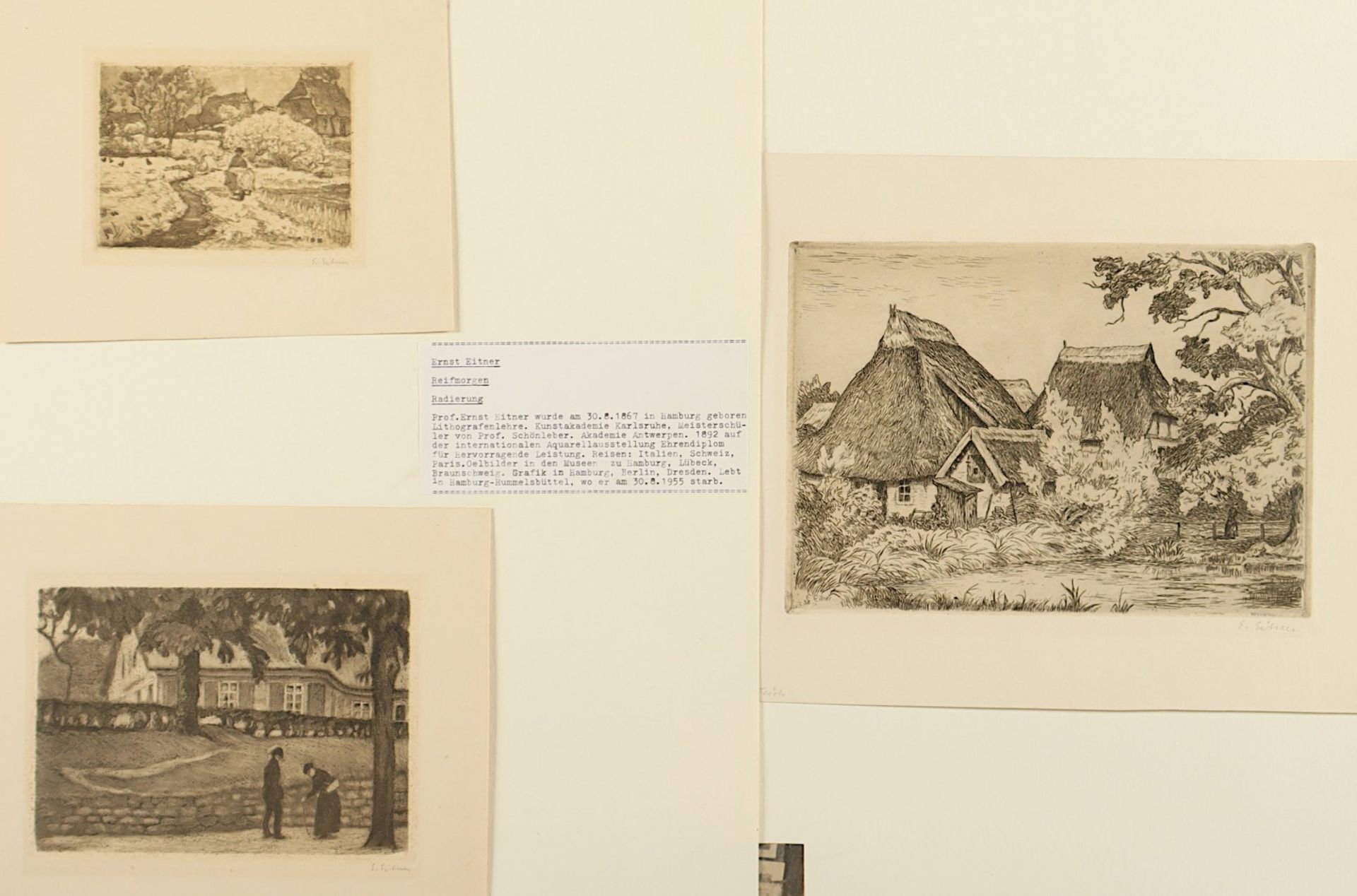 EITNER, Ernst, 3 Arbeiten: "Begegnung in Poppenbüttel" (1942), "Reifmorgen" und "Katen am Teich" (1 - Bild 2 aus 5