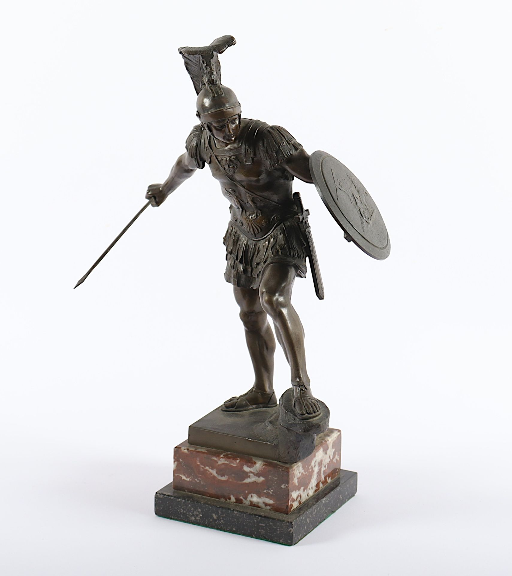 SCHIVELKAMP, Helmuth (1849-1890), "Römischer Krieger mit Schild und Lanze", Bronze, H 33, am Sockel