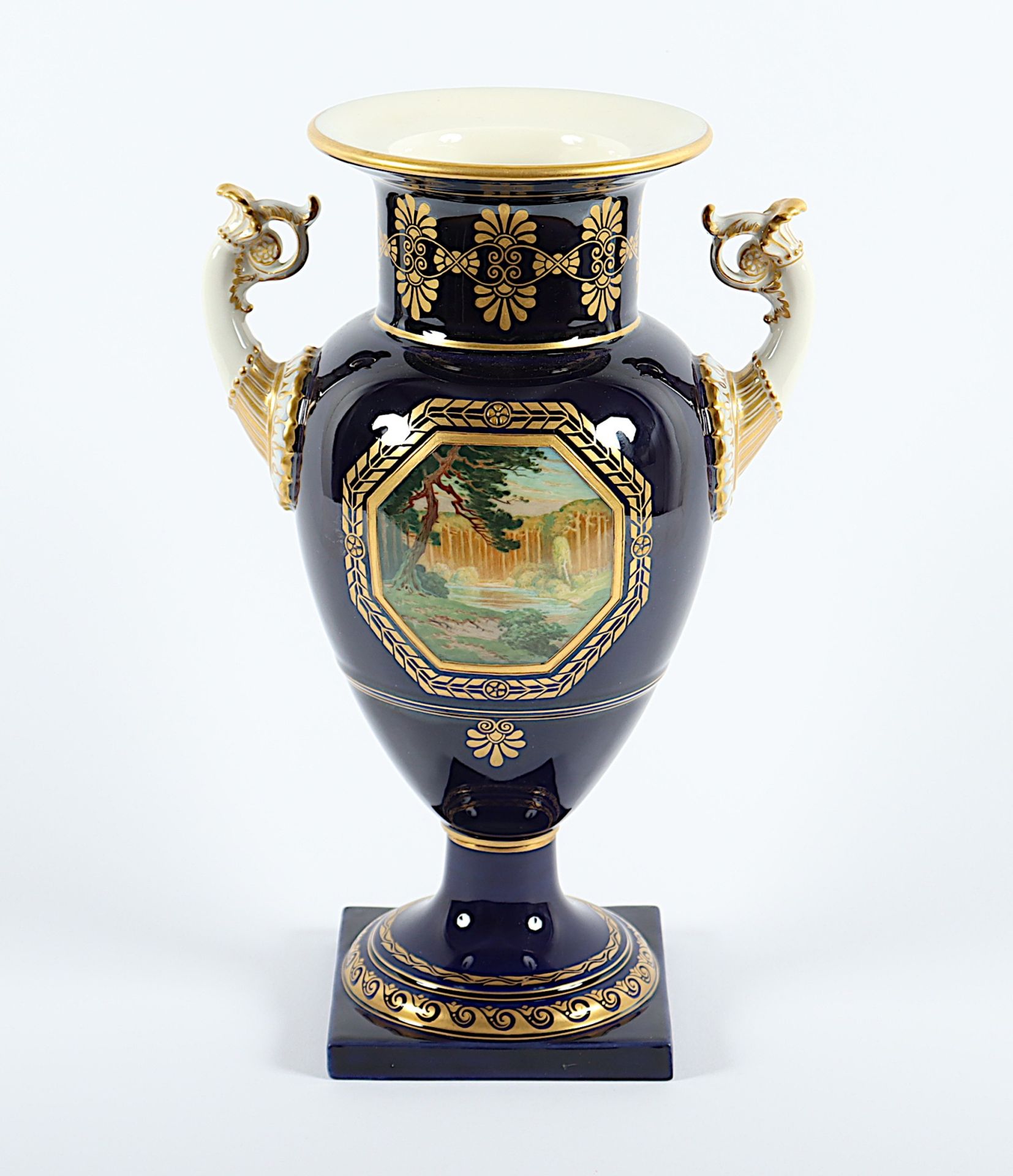 AMPHOREN-VASE, Modell Französische Vase, königsblauer Fond, reicher, teils pastos aufgetragener Gol - Bild 2 aus 4