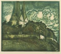 ILLIES, Arthur, "Die Kirche von Broacker", (Mondlicht), Nordschleswig, Zinkätzung, 30 x 34,5, um 19
