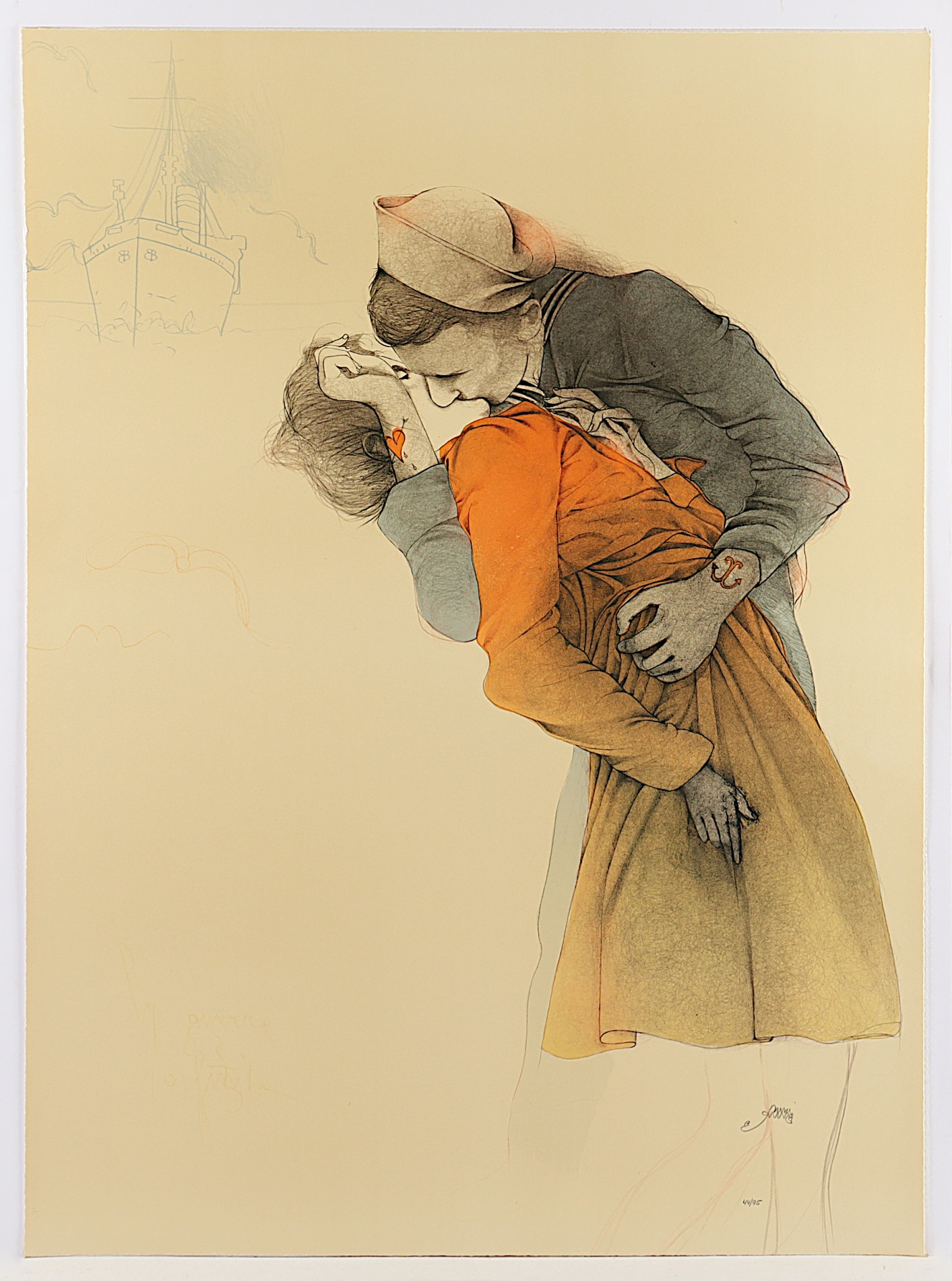 BRUNI, Bruno, "Der Kuss", Original-Farblithografie, 91,5 x 68, nummeriert 44/95, handsigniert, vers