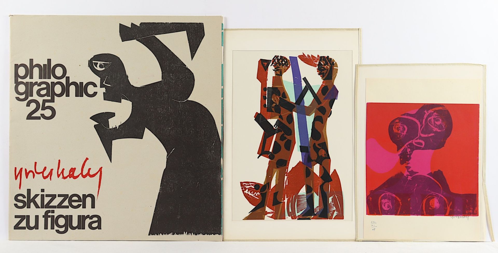 GRIESHABER, Hap, Mappe "Skizzen zu figura", 1970, 53 x 50, und zwei ungerahmte Farbholzschnitte, ei