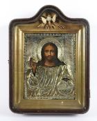 IKONE, "Christus Pantokrator", Tempera/Holz, 21,5 x 17,5, mit vergoldetem Silberoklad (Meistermarke