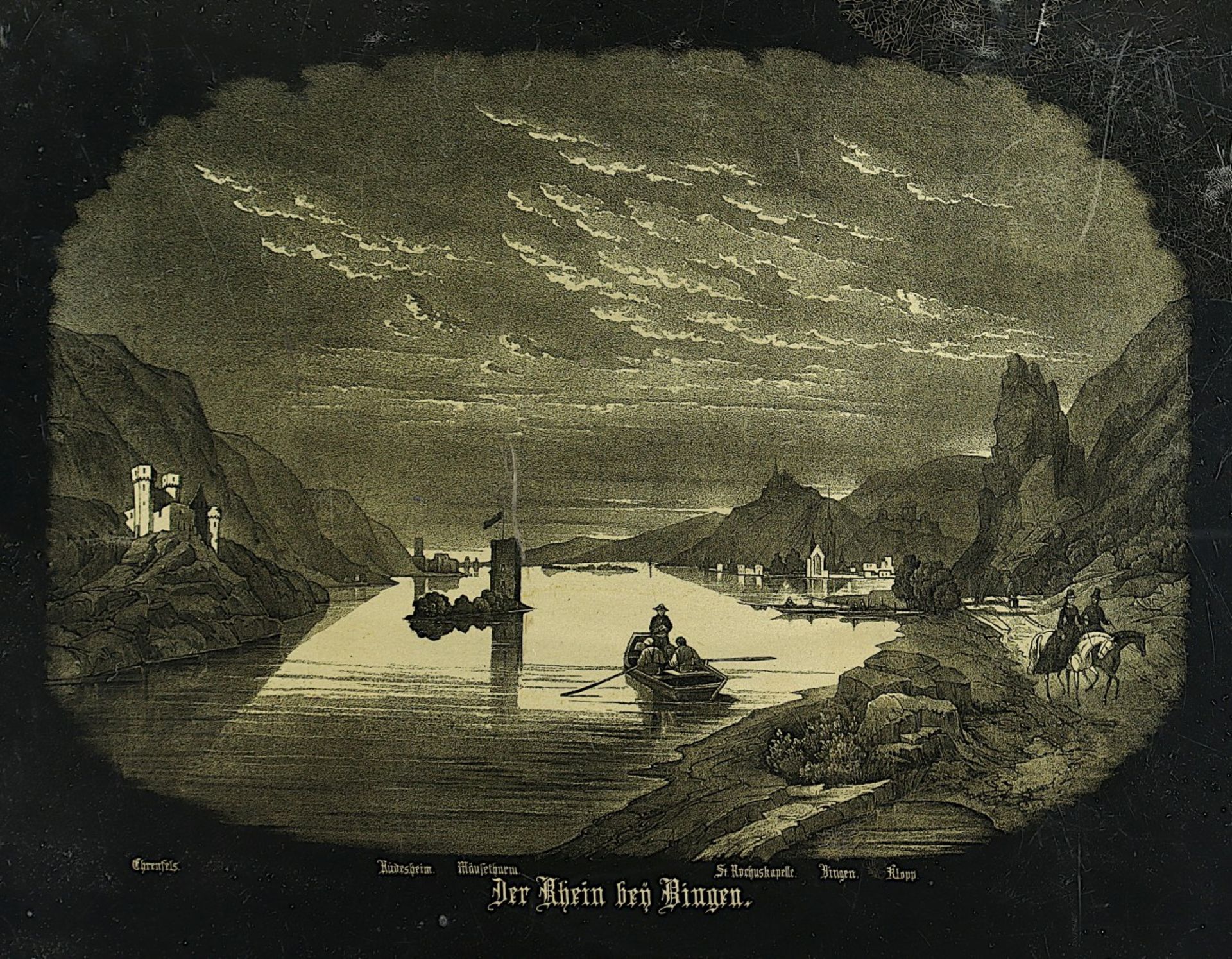 LACKTABLETT MIT RHEINANSICHT, "Der Rhein bei Bingen", Weißblech, schwarz mit Goldverzierungen, 42 x - Image 2 of 4