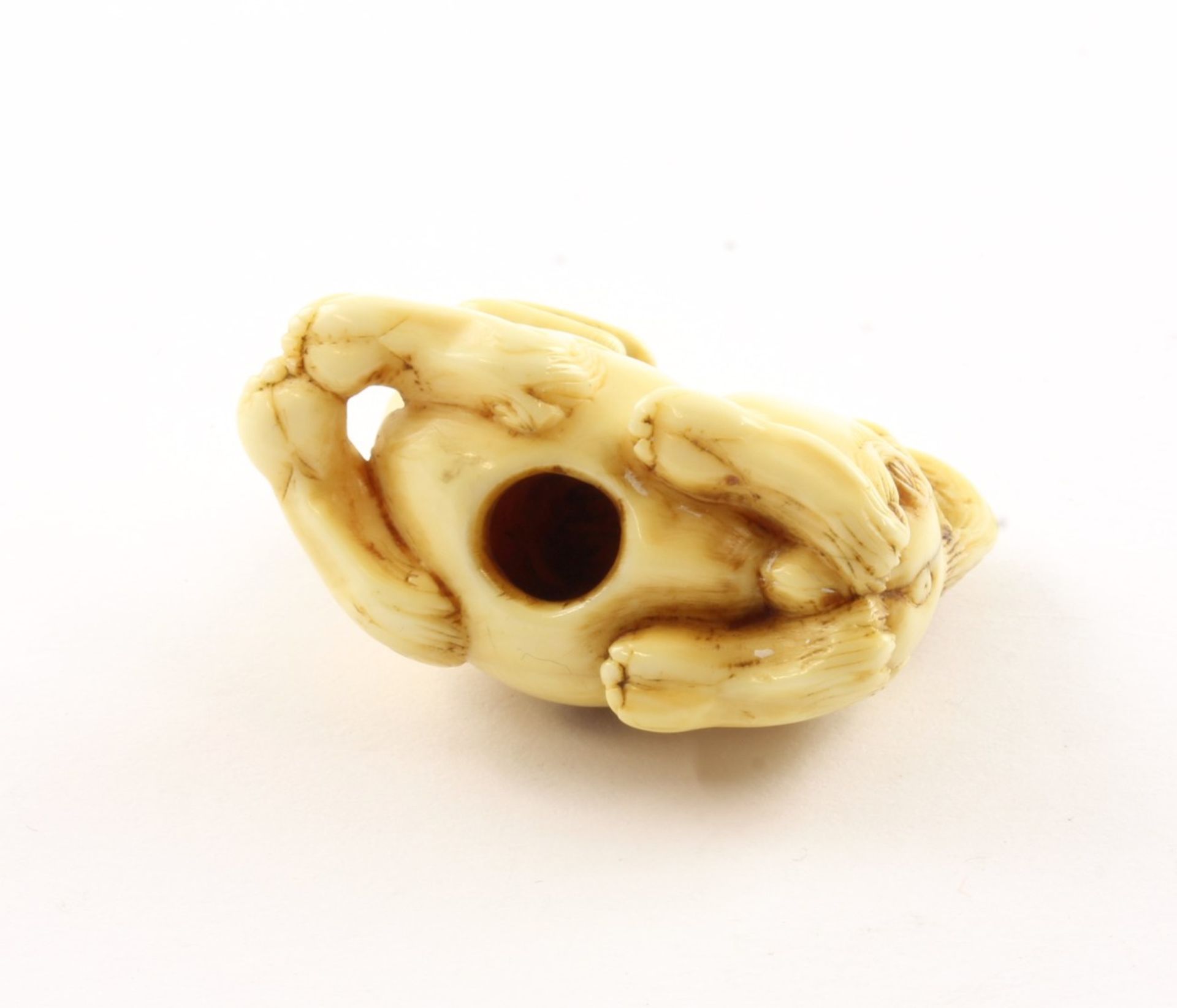 NETSUKE SHISHI, Elfenbein, der liegende Wächterlöwe hat einen beweglichen Ball im geöffneten Maul, - Image 3 of 4