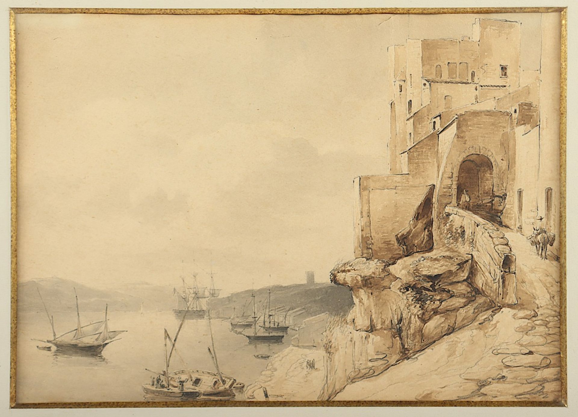 SCHOTEL, Petrus Johannes (1808-1865), "Felsenburg an der Adria", Bleistift/Aquarell/Papier, 23,5 x  - Bild 2 aus 3