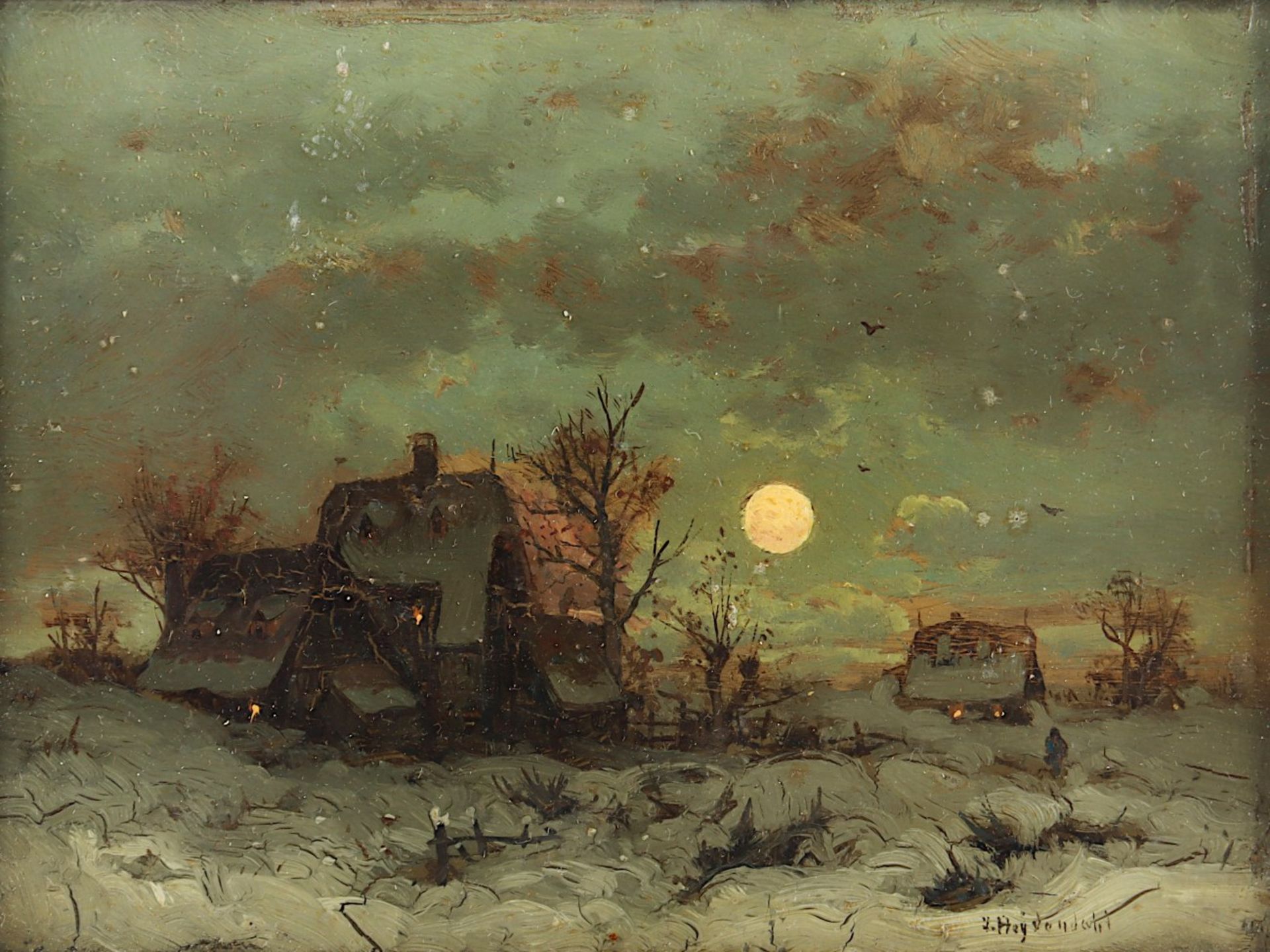 HEYDENDAHL, Joseph F. (1844-1906), "Winterliche Mondscheinlandschaft", Öl/Malkarton, 14 x 18, unten - Bild 2 aus 2