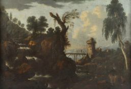 BEMMEL, Willem van (1630-1708), zugeschr., "Landschaft mit Wasserfall und Wanderer", Öl/Lwd., 67,5 