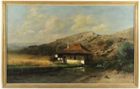 HOLZAPFEL, Carl (1865-1926), "Landschaft mit alter Wassermühle", Öl/Lwd., 95 x 155, auf Platte aufg