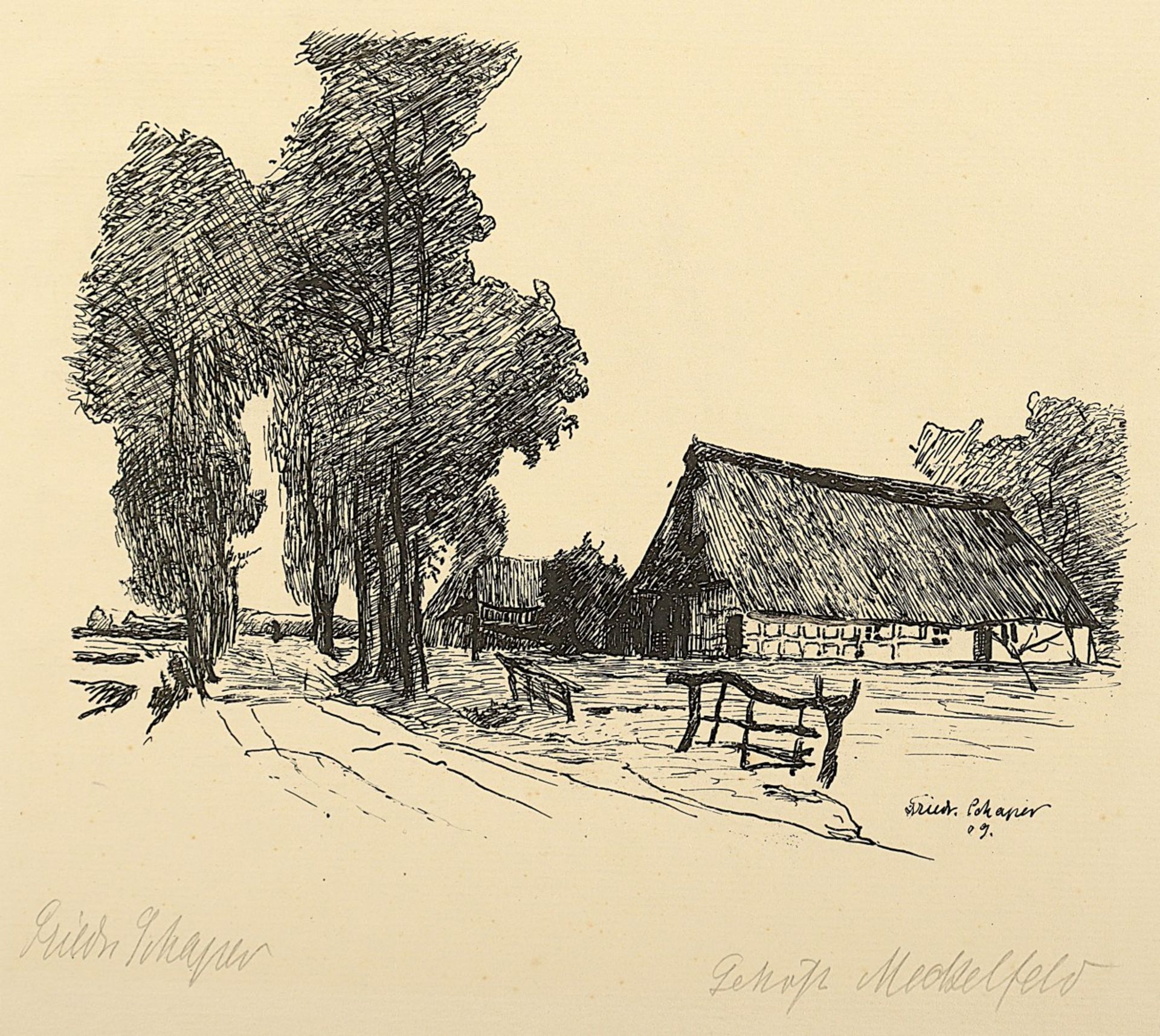 SCHAPER, Friedrich, "Gehöft in Meckelfeld", Lithografie, 17 x 20, betitelt, handsigniert, 1909, ung