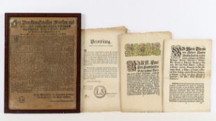 VIER VERORDNUNGEN, drei Österreichische und eine gerahmte Fürstentum Waldeck, teils koloriert, 1718