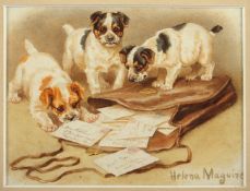 MAGUIRE, Helena J. (1860-1909), "Drei spielende Welpen mit der Tasche eines Postboten", Aquarell/Pa