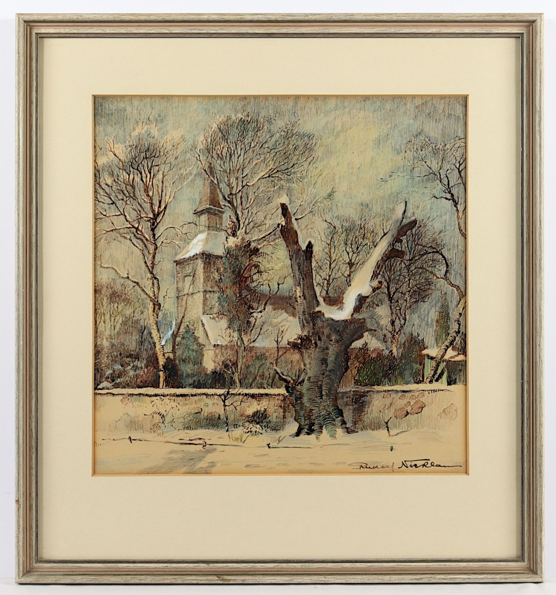 NICKLAU, Rudolf (Berliner Zeichner 1.H.20.Jh.), "Winterliche Kirchenansicht", Mischtechnik/Papier, 