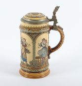 KRUG, Steinzeug, polychrom bemalt, Zinnmontur, H 22, METTLACH, um 1890 