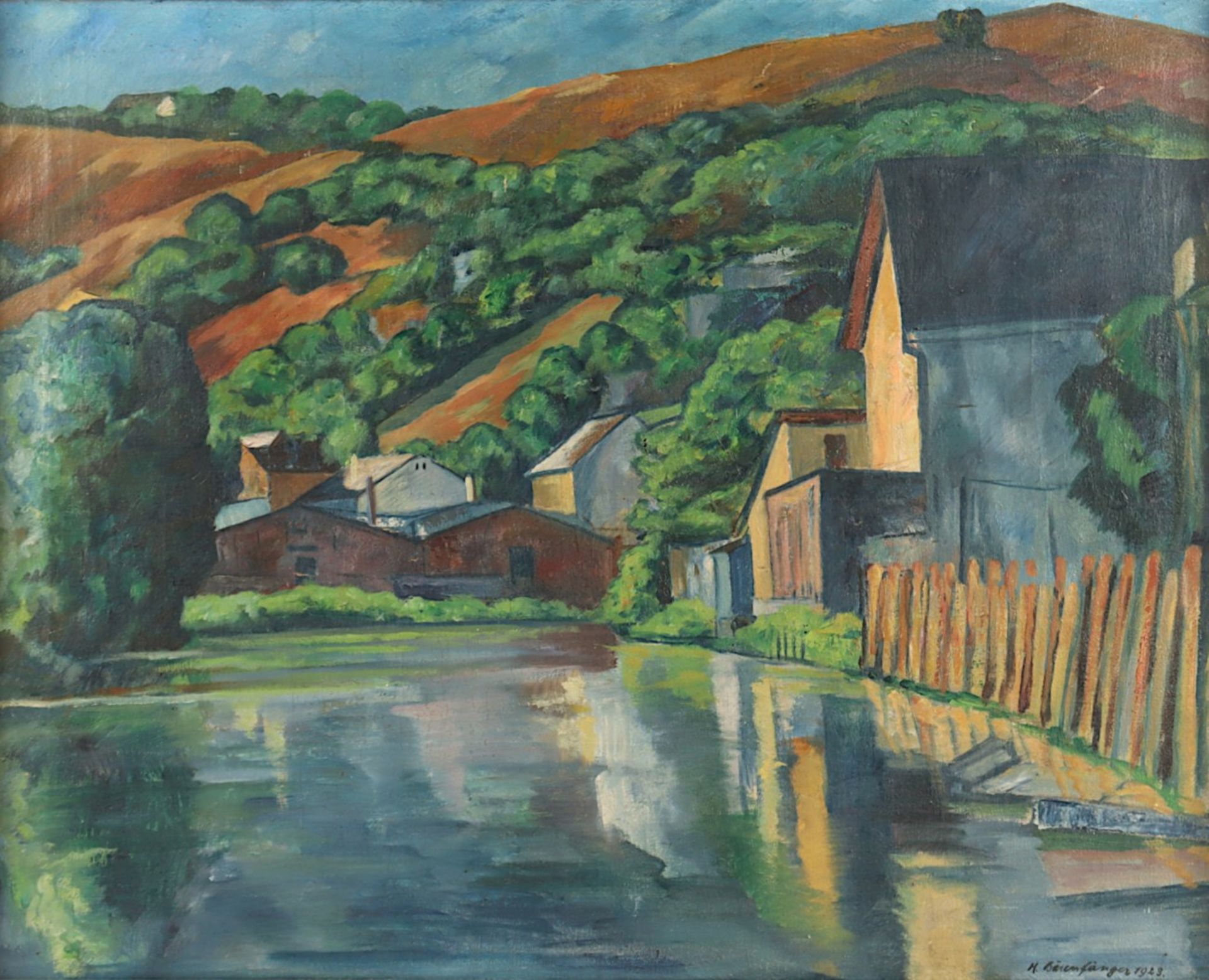 BÄRENFÄNGER, Karl (1888-1947), "Häuser am Fluss", Öl/Lwd., 60 x 76, besch., unten rechts signiert u - Image 2 of 4