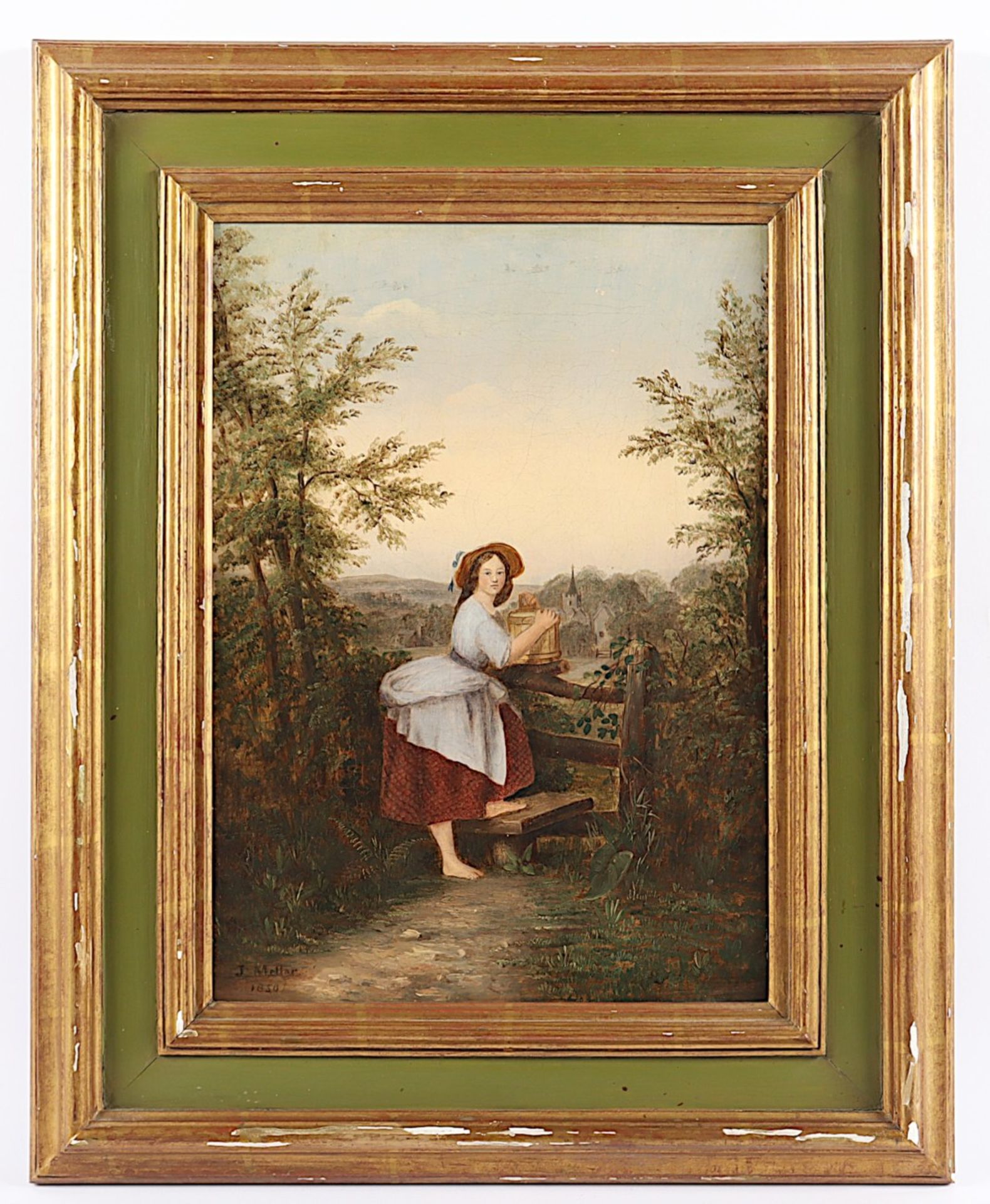 MELLAR, J. (Maler des 19.Jh.) "Junge Wasserträgerin vor einer Landschaft", Öl/Lwd., 39 x 27, doubli - Bild 2 aus 4
