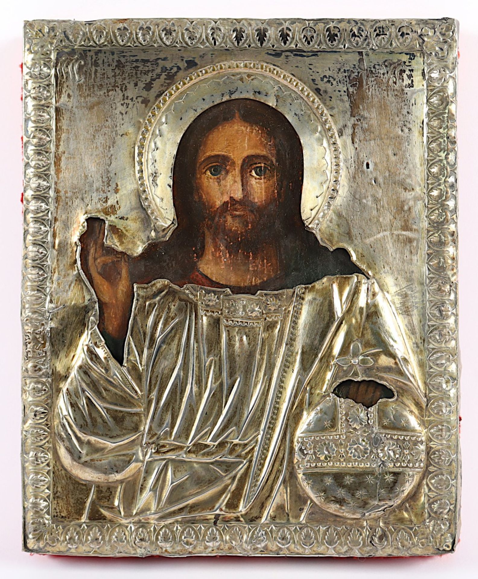 IKONE, "Christus Pantokrator", Tempera/Holz, 21,5 x 17,5, mit vergoldetem Silberoklad (Meistermarke - Bild 2 aus 5